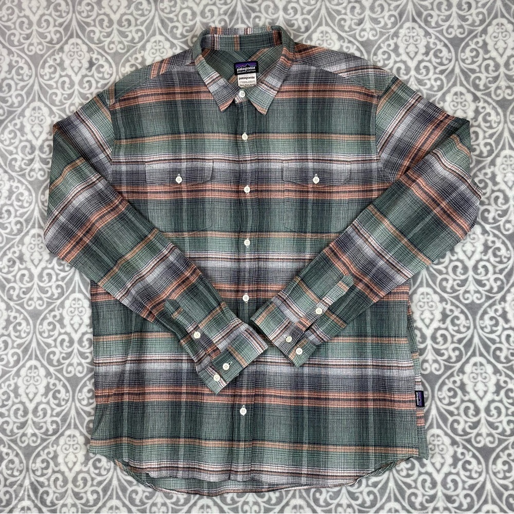 Patagonia island hopper button down shirt green plaid light organic cotton men L